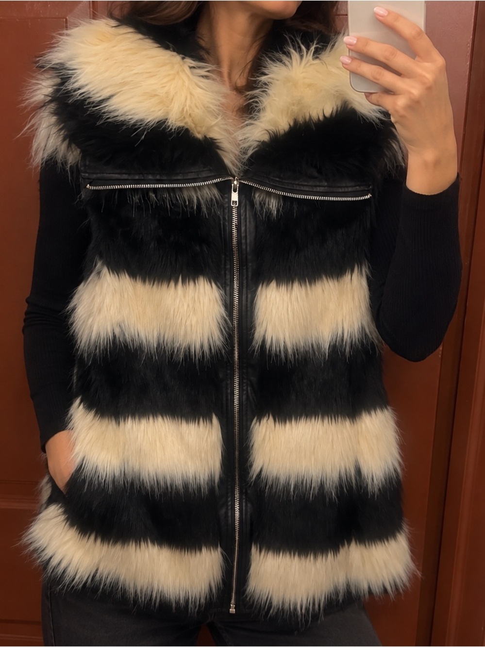 Sioni Black & Cream Striped Faux Fur Vest